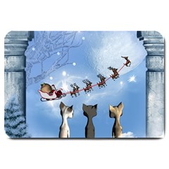 Christmas, Cute Cats Looking In The Sky To Santa Claus Large Doormat  by FantasyWorld7