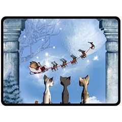 Christmas, Cute Cats Looking In The Sky To Santa Claus Fleece Blanket (large)  by FantasyWorld7