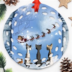 Christmas, Cute Cats Looking In The Sky To Santa Claus Ornament (round Filigree) by FantasyWorld7