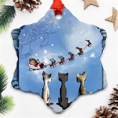 Christmas, Cute Cats Looking In The Sky To Santa Claus Snowflake Ornament (two Sides) by FantasyWorld7