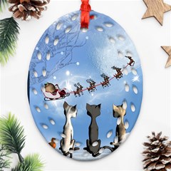 Christmas, Cute Cats Looking In The Sky To Santa Claus Ornament (oval Filigree) by FantasyWorld7