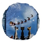 Christmas, Cute Cats Looking In The Sky To Santa Claus Large 18  Premium Round Cushions Back