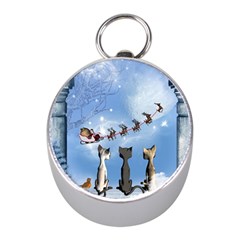 Christmas, Cute Cats Looking In The Sky To Santa Claus Mini Silver Compasses by FantasyWorld7