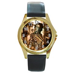 Steampunk, Steampunk Women With Clocks And Gears Round Gold Metal Watch by FantasyWorld7