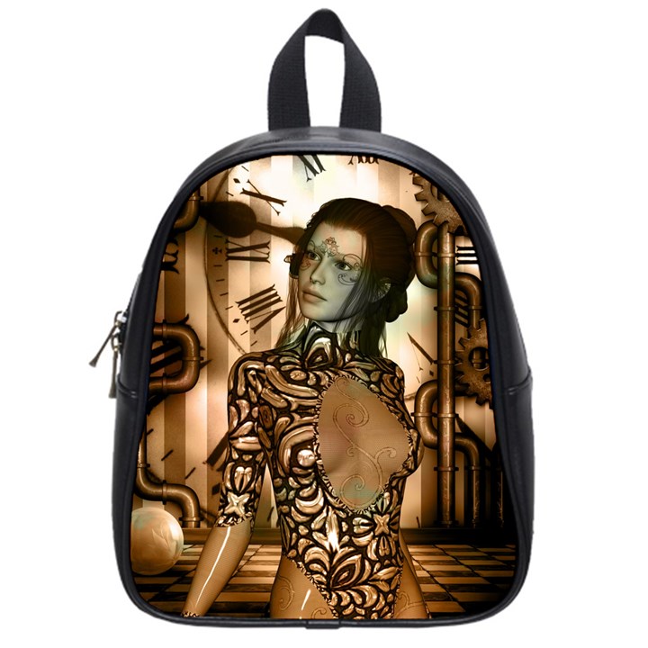 Steampunk, Steampunk Women With Clocks And Gears School Bag (Small)