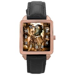 Steampunk, Steampunk Women With Clocks And Gears Rose Gold Leather Watch  by FantasyWorld7