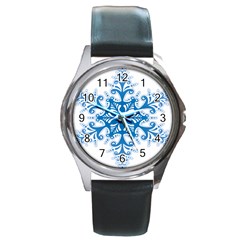 Snowflakes Blue Flower Round Metal Watch by Mariart