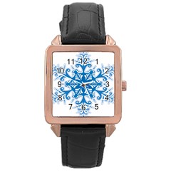 Snowflakes Blue Flower Rose Gold Leather Watch  by Mariart