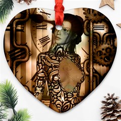 Steampunk, Steampunk Women With Clocks And Gears Ornament (heart) by FantasyWorld7