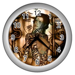 Steampunk, Steampunk Women With Clocks And Gears Wall Clocks (silver)  by FantasyWorld7