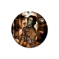 Steampunk, Steampunk Women With Clocks And Gears Rubber Coaster (round)  by FantasyWorld7