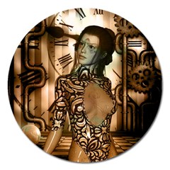 Steampunk, Steampunk Women With Clocks And Gears Magnet 5  (round) by FantasyWorld7