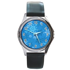 Snowflakes Cool Blue Star Round Metal Watch by Mariart