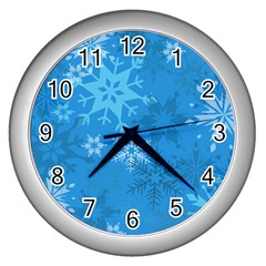 Snowflakes Cool Blue Star Wall Clocks (silver)  by Mariart