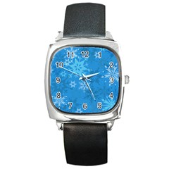 Snowflakes Cool Blue Star Square Metal Watch by Mariart