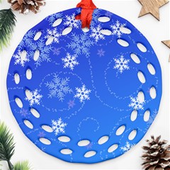 Winter Blue Snowflakes Rain Cool Ornament (round Filigree) by Mariart