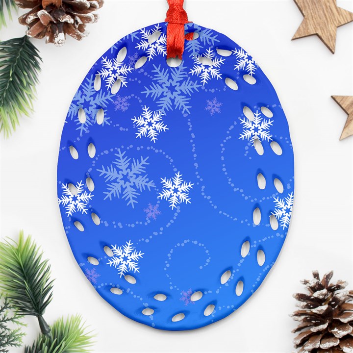 Winter Blue Snowflakes Rain Cool Oval Filigree Ornament (Two Sides)