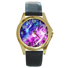 Space Galaxy Purple Blue Round Gold Metal Watch