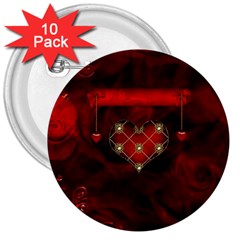 Wonderful Elegant Decoative Heart With Flowers On The Background 3  Buttons (10 Pack)  by FantasyWorld7