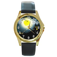 Halloween Landscape Round Gold Metal Watch by ValentinaDesign