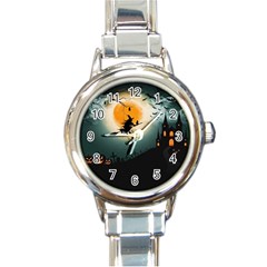 Halloween Landscape Round Italian Charm Watch by ValentinaDesign