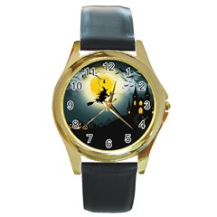 Halloween Landscape Round Gold Metal Watch by ValentinaDesign