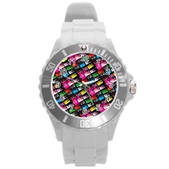 Pattern Colorfulcassettes Icreate Round Plastic Sport Watch (l) by iCreate