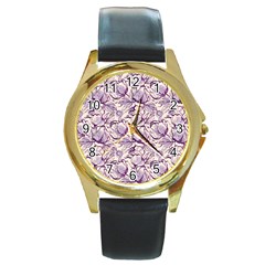 Vegetable Cabbage Purple Flower Round Gold Metal Watch by Mariart