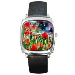 Colorful Flowers Square Metal Watch