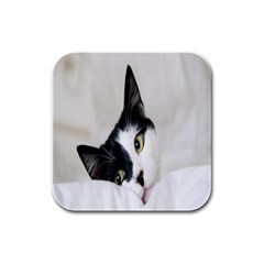 Cat Face Cute Black White Animals Rubber Square Coaster (4 Pack) 