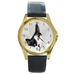 Cat Face Cute Black White Animals Round Gold Metal Watch Front