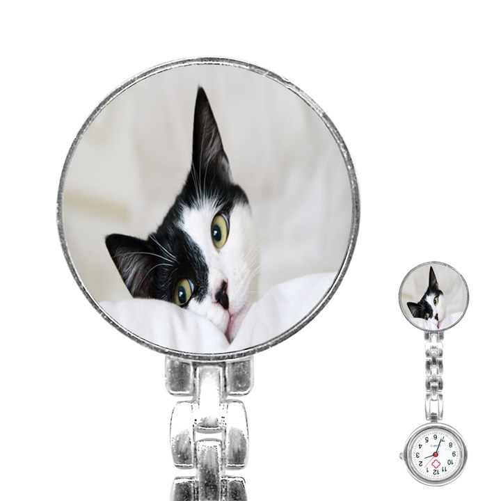 Cat Face Cute Black White Animals Stainless Steel Nurses Watch