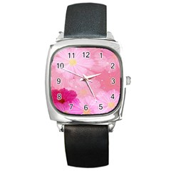 Cosmos Flower Floral Sunflower Star Pink Frame Square Metal Watch by Mariart