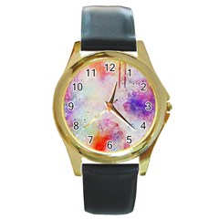 Watercolor Galaxy Purple Pattern Round Gold Metal Watch by paulaoliveiradesign