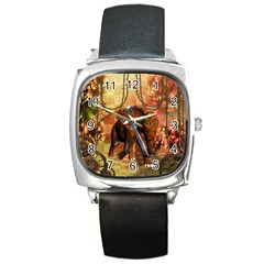 Steampunk, Steampunk Elephant With Clocks And Gears Square Metal Watch by FantasyWorld7