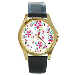 Flower Beauty Sexy Rainbow Sunflower Pink Green Blue Round Gold Metal Watch by Mariart