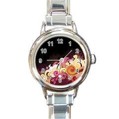 Flower Back Leaf Polka Dots Black Pink Round Italian Charm Watch