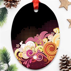 Flower Back Leaf Polka Dots Black Pink Ornament (oval)