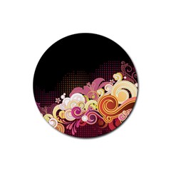 Flower Back Leaf Polka Dots Black Pink Rubber Coaster (round)  by Mariart