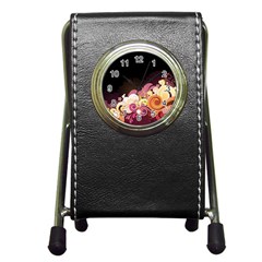 Flower Back Leaf Polka Dots Black Pink Pen Holder Desk Clocks by Mariart