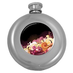 Flower Back Leaf Polka Dots Black Pink Round Hip Flask (5 Oz) by Mariart