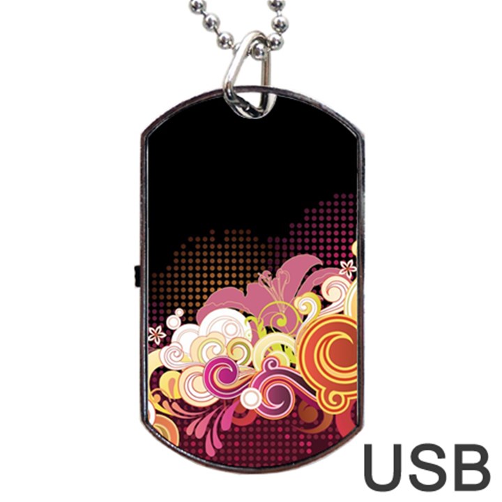 Flower Back Leaf Polka Dots Black Pink Dog Tag USB Flash (Two Sides)