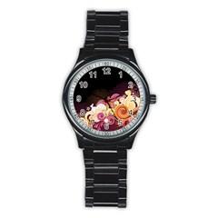 Flower Back Leaf Polka Dots Black Pink Stainless Steel Round Watch