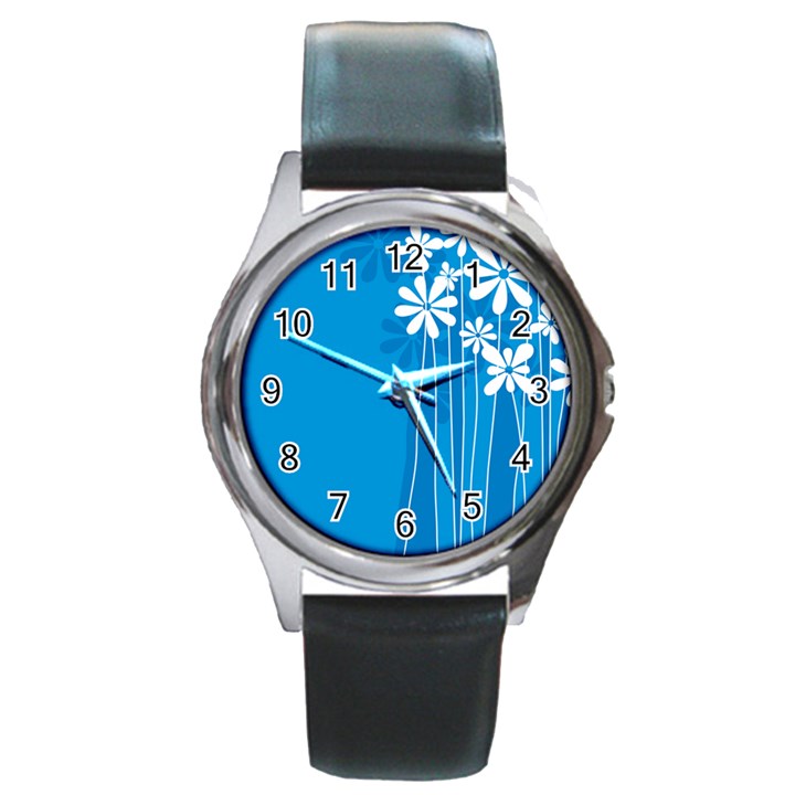 Flower Blue Round Metal Watch