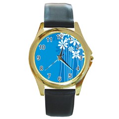 Flower Blue Round Gold Metal Watch