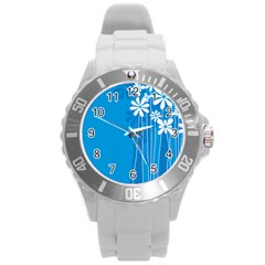 Flower Blue Round Plastic Sport Watch (l) by Mariart