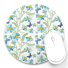 Flower Blue Butterfly Leaf Green Round Mousepads