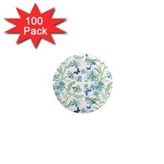 Flower Blue Butterfly Leaf Green 1  Mini Magnets (100 Pack) 