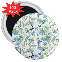 Flower Blue Butterfly Leaf Green 3  Magnets (100 Pack)