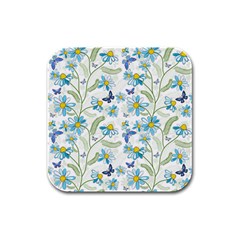 Flower Blue Butterfly Leaf Green Rubber Square Coaster (4 Pack) 